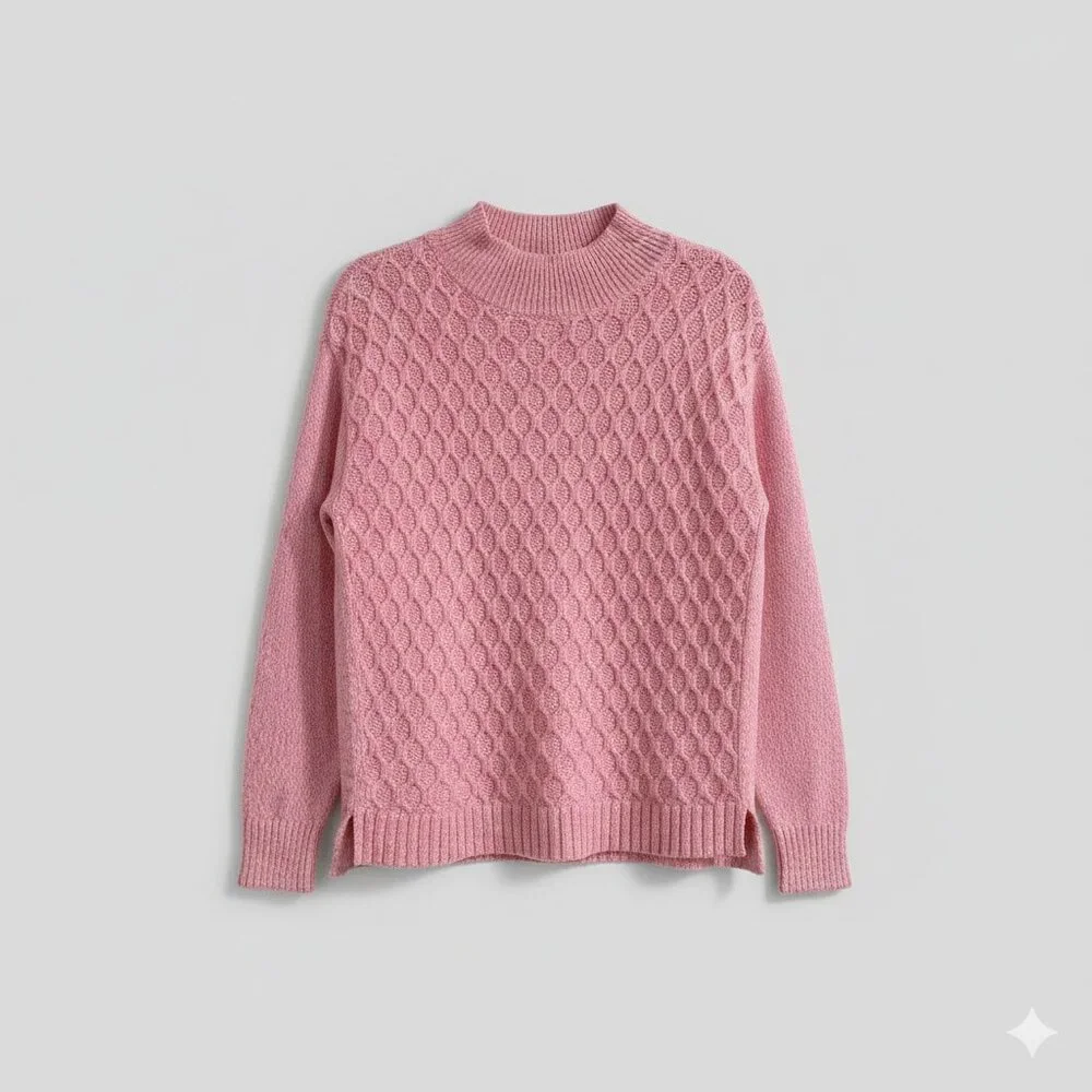 Talbots Honeycomb Cable Knit Women's Medium Pink Mock Neck Pullover Sweater EUC
